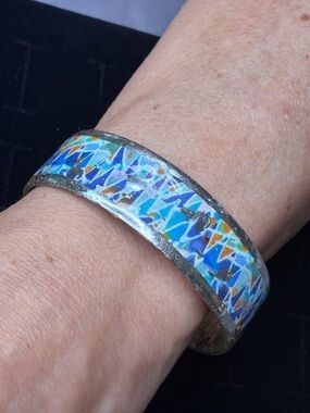 Silpada Colorful Blue Patterned, Sterling Silver Enamel Cuff Bracelet.